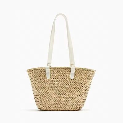 Borsa da spiaggia con fibbia in paglia color cacao bianco panna Saint Tropez