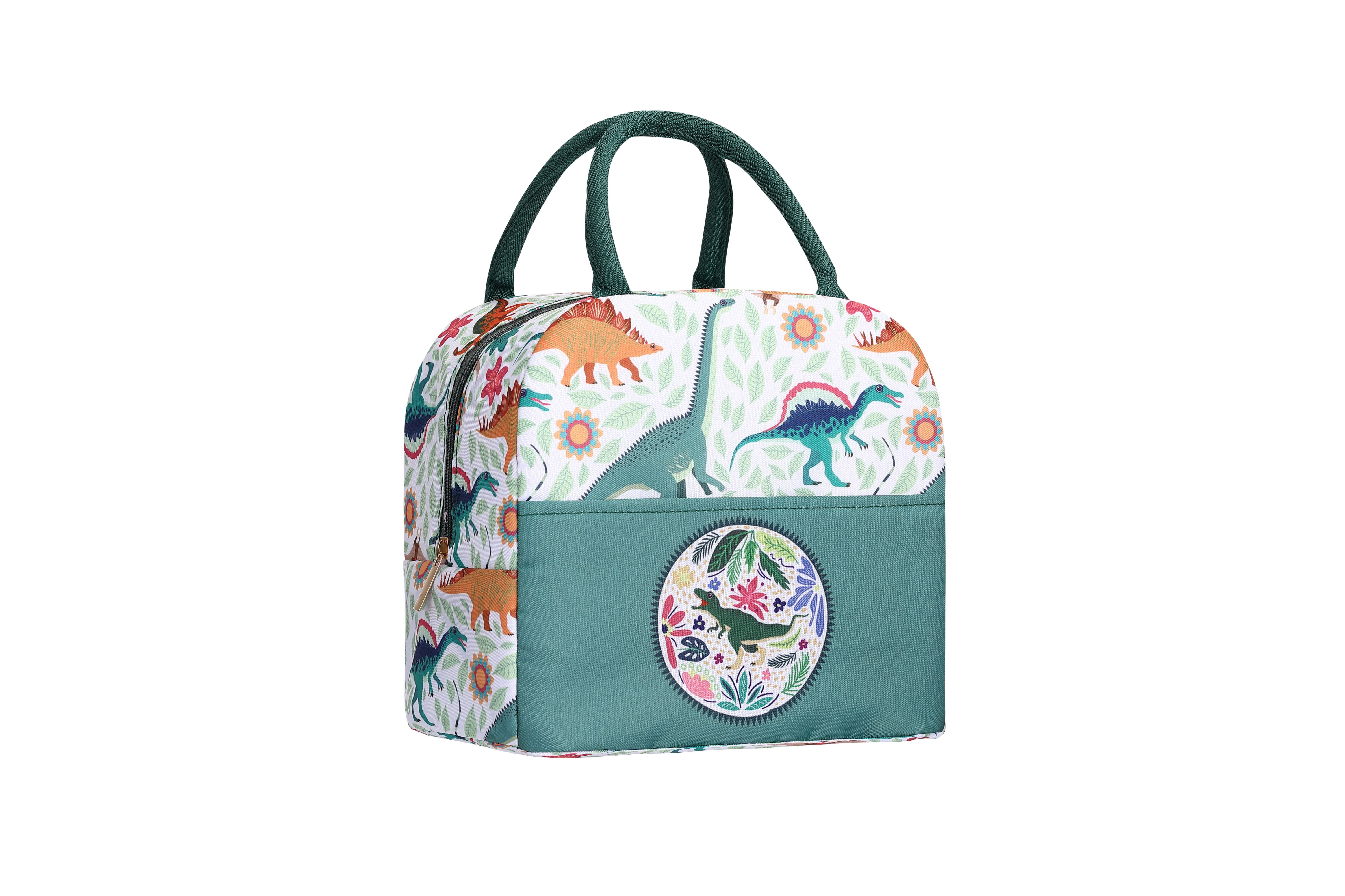 Borsa frigo con stampa di dinosauro verde e tasca frontale