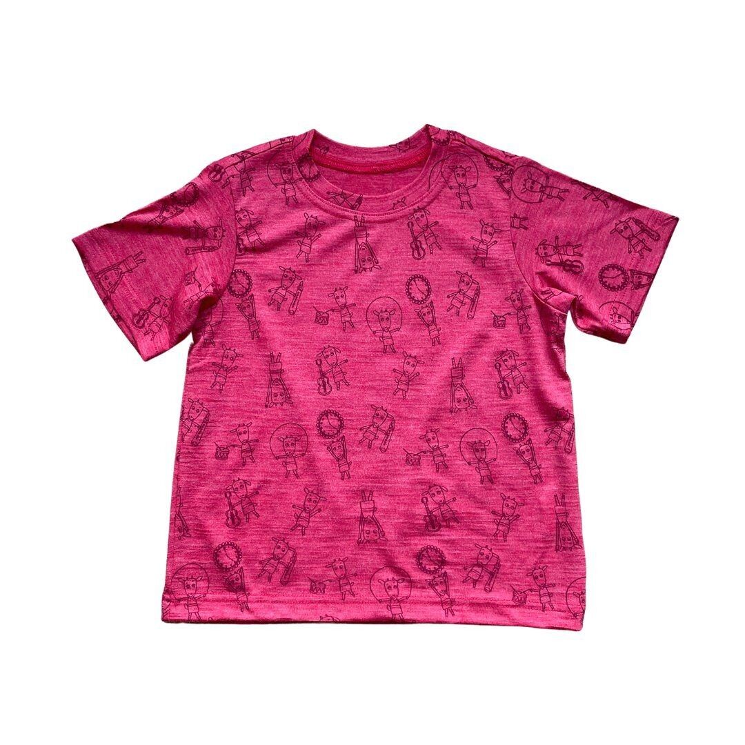 T-shirt lampone con stampa bambino, lana merino e seta (biologica/GOTS)