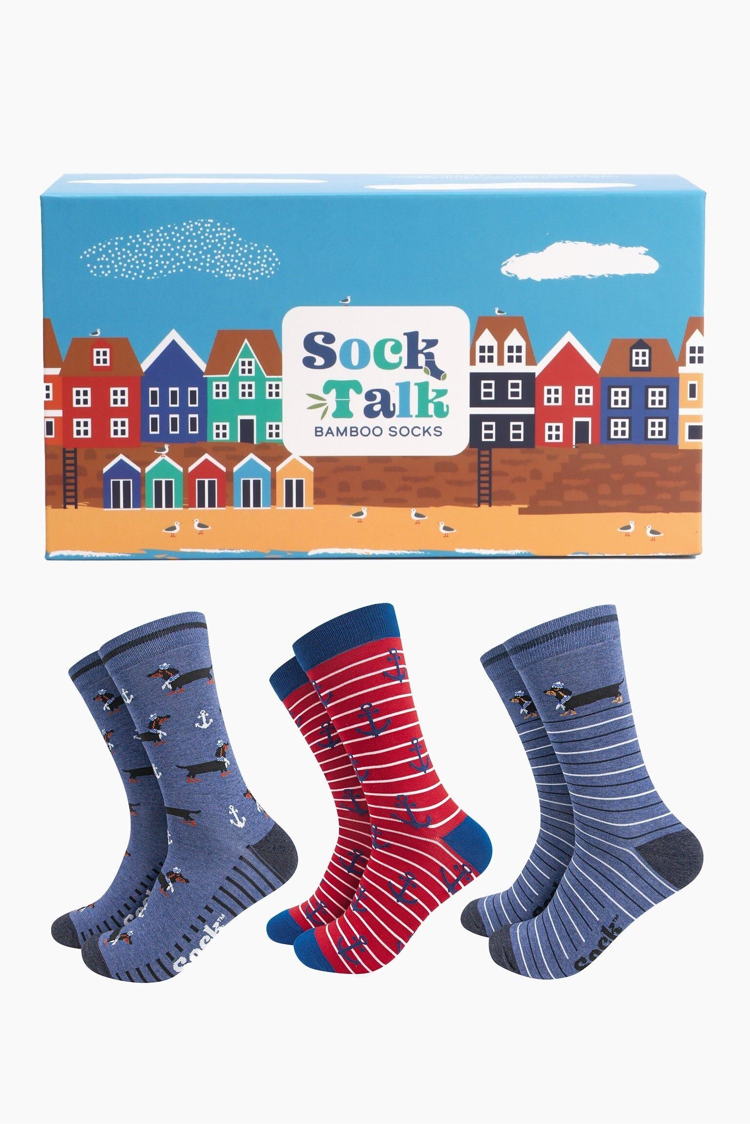 Geschenkbox mit Bambussocken für Herren - Nautische Dackel