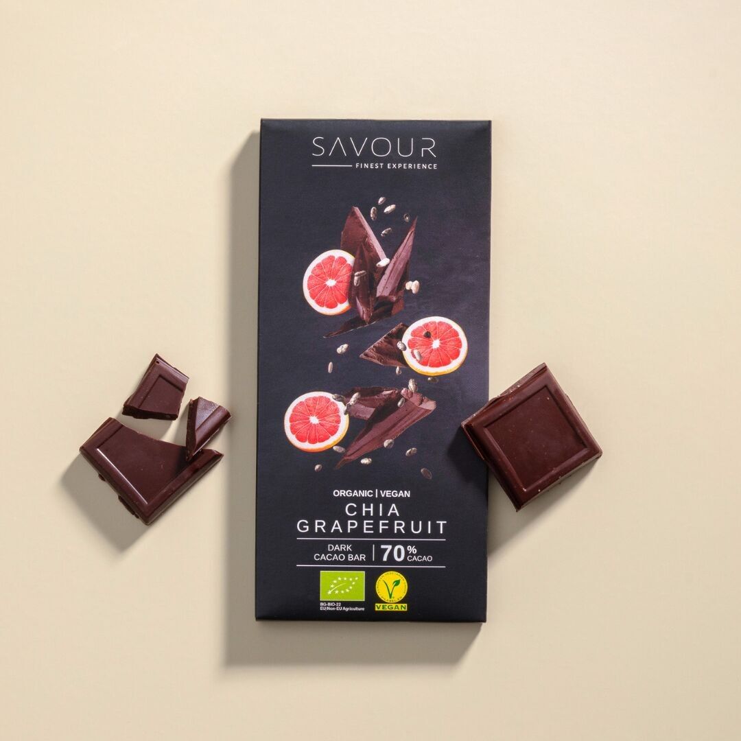 Chocolat noir aux graines de chia et pamplemousse - bio, vegan, sans gluten