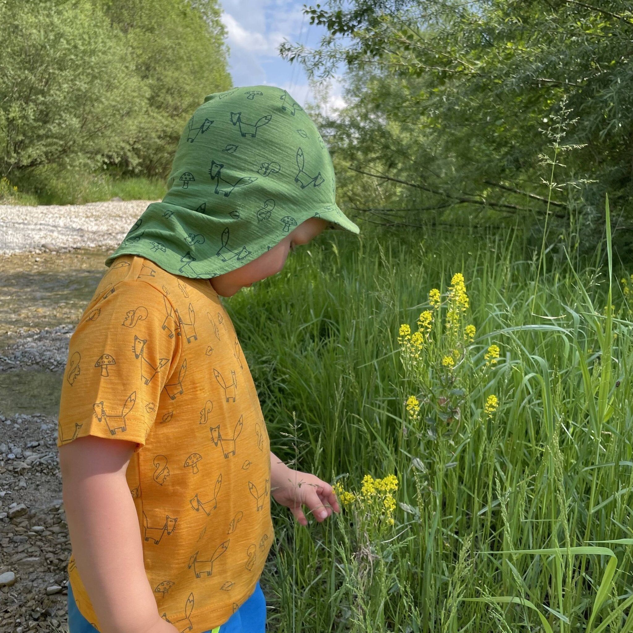 T-Shirt sonnengelb mit Fuchs-Print, Merinowolle & Seide (bio/GOTS)