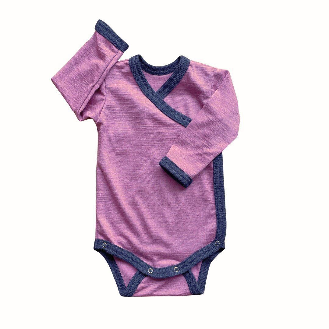 Body avvolgente rosa, lana merino e seta (biologico/GOTS)