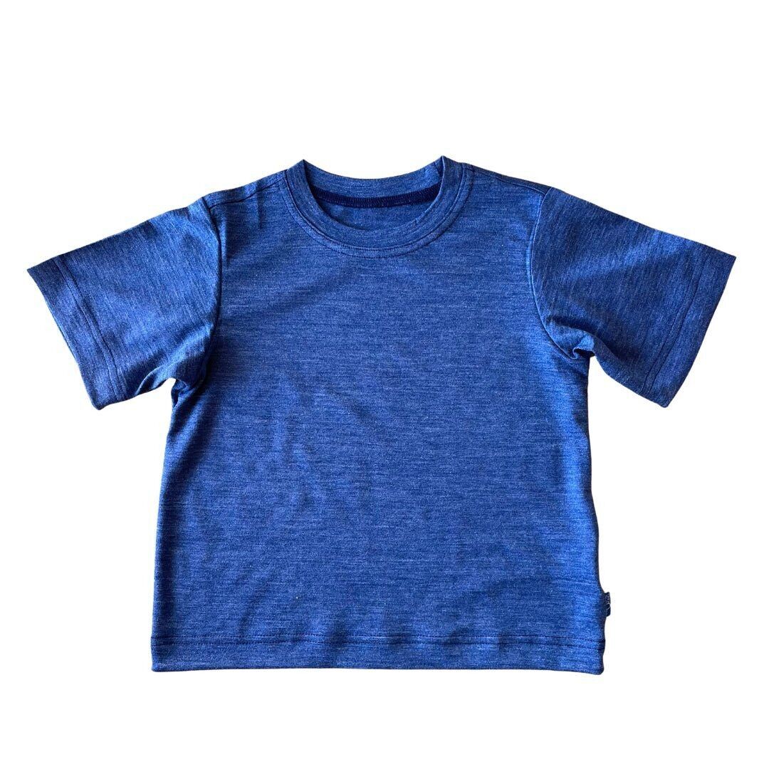 T-shirt bambini blu reale, lana merino e seta (biologica/GOTS)