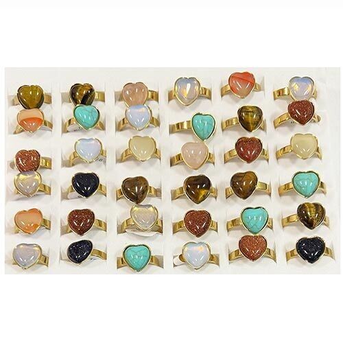 Stainless steel ring with natural stones, heart, gold, 13mm