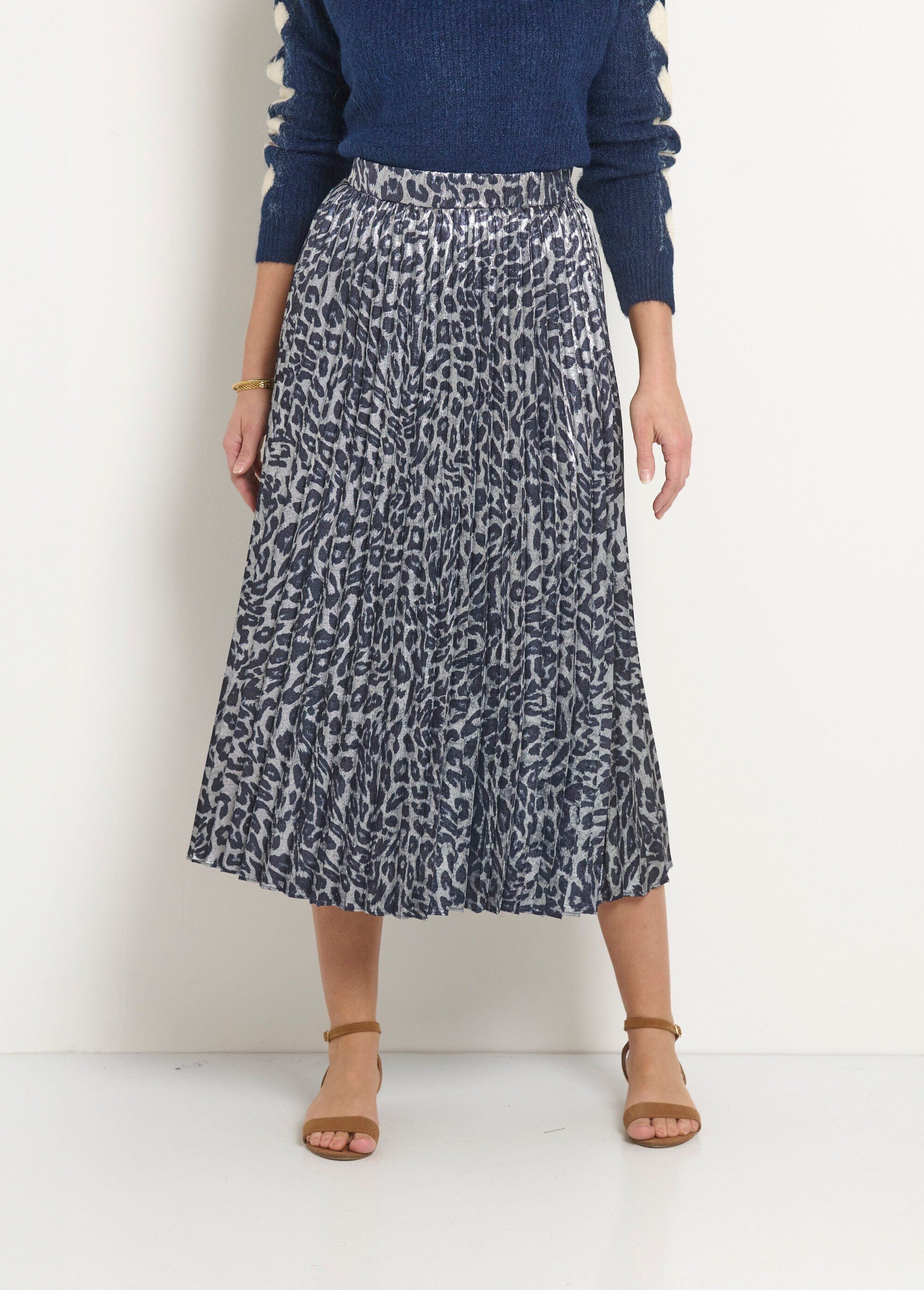 Falda larga plisada con estampado de leopardo metalizado