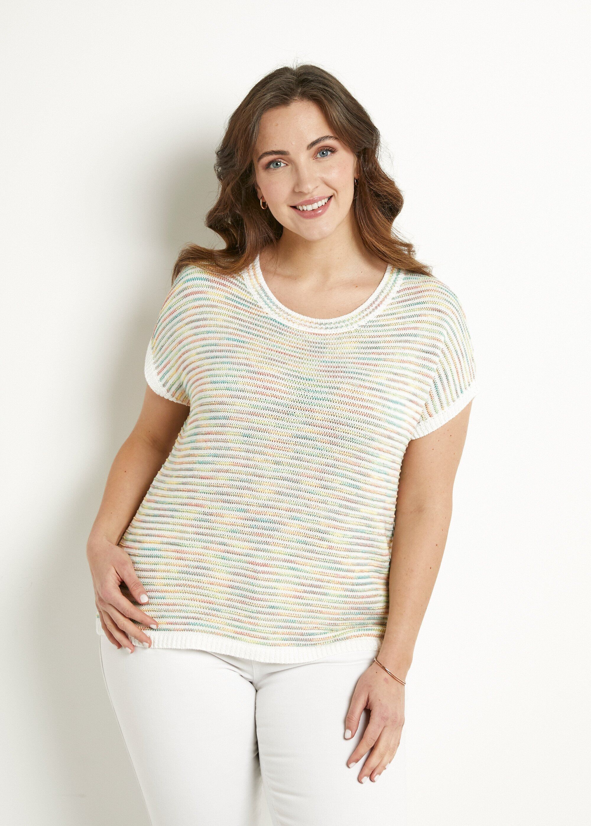 Morbido maglione girocollo senza maniche con effetto rigato