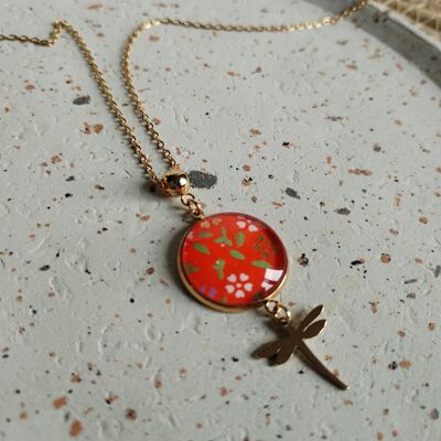 Collier cabochon 20 mm en acier inoxydable doré - orange - libellule