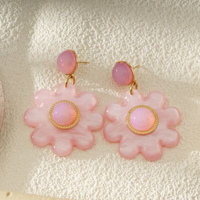 Pendientes de flores de resina con cabujón de oro rosa