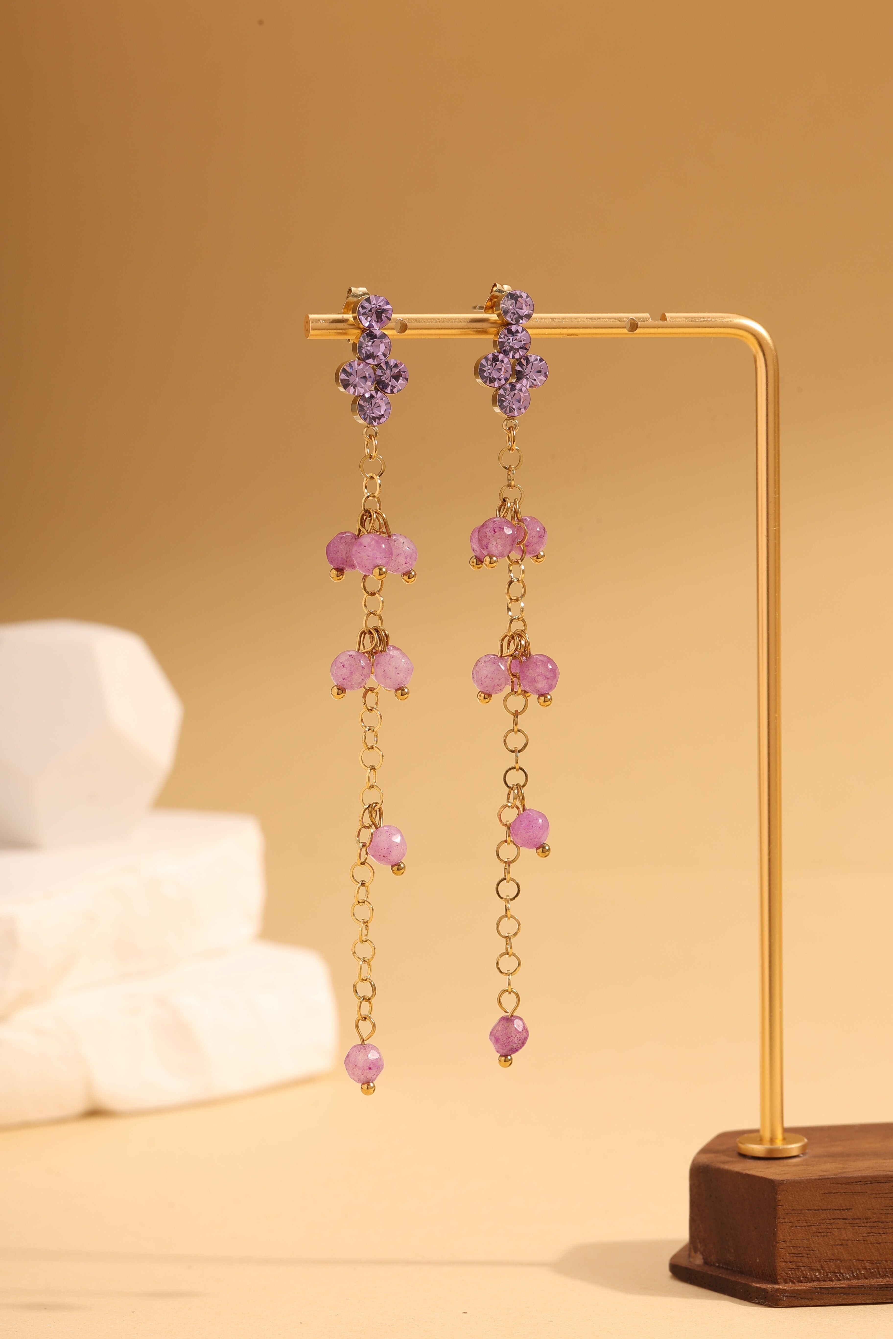 Gold Dangle Earrings With Purple Rhinestones And Fine Chains Adorned With Natural Pearls