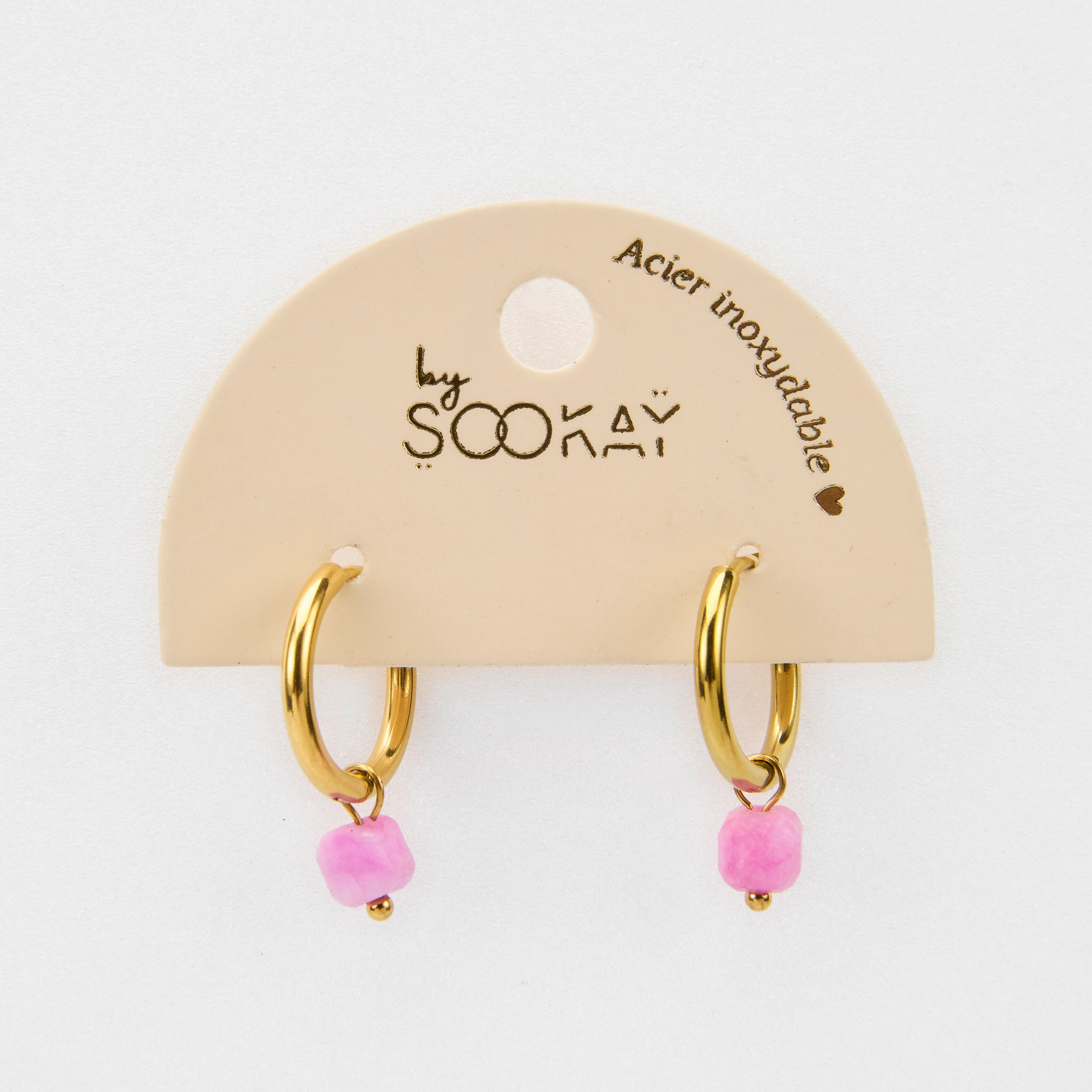 orecchini in acciaio con pietra cubica rosa