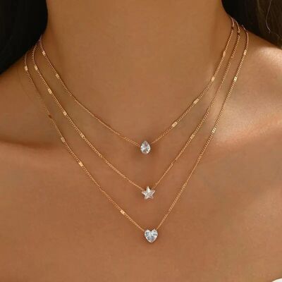 Elegante collar multicapa: joyas con diamantes de imitación en forma de corazón y lágrima para uso informal y de fiesta