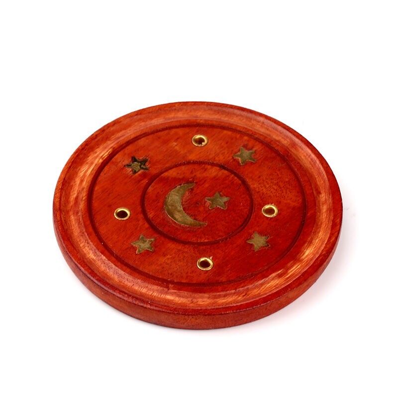 Bruciatore per incenso acchiappacenere rotondo in legno di mango con intarsio luna e stelle