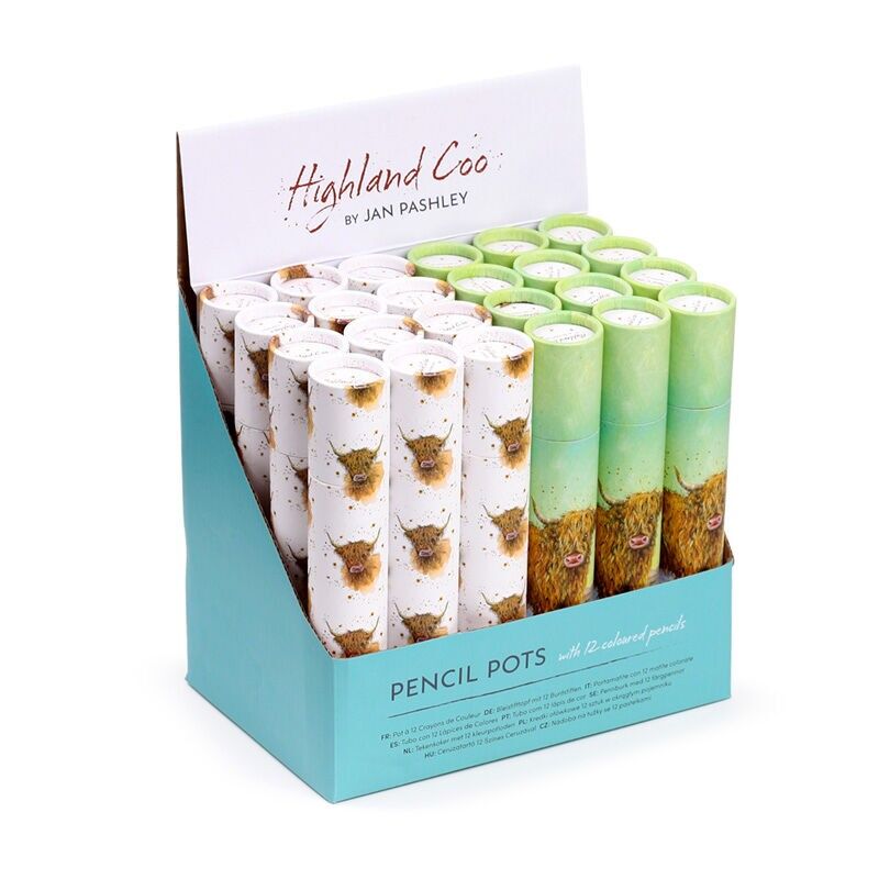 Jan Pashley Highland Coo Cow Vaso grande con 12 matite colorate