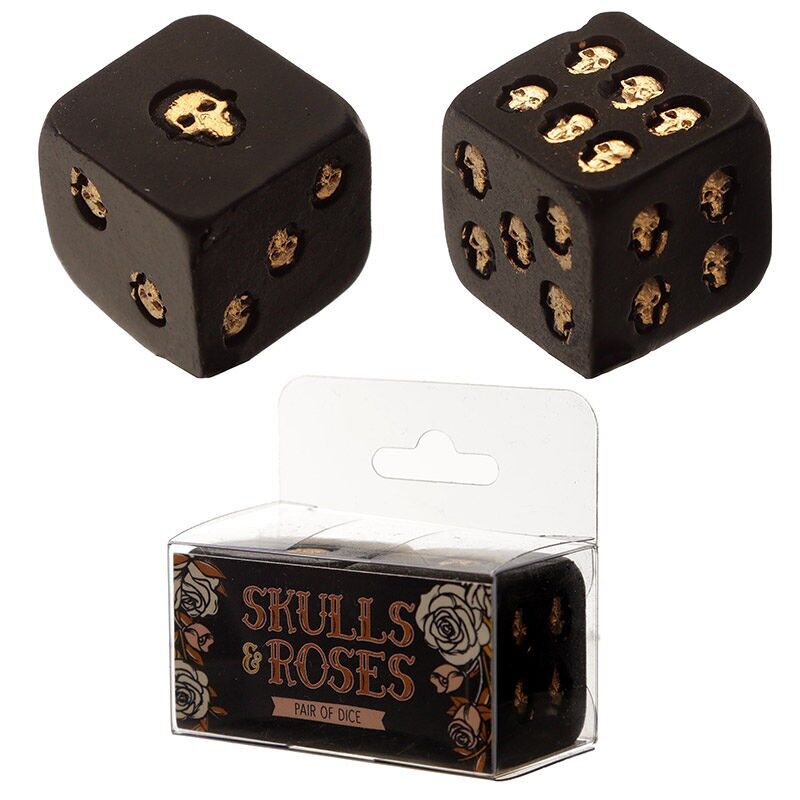 Juego de calaveras y rosas de 2 dados de calavera negros y dorados