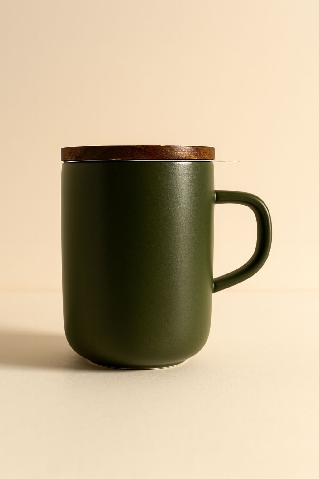 Teekanne aus khakifarbenem Steingut mit Deckel aus Akazienholz, 475 ml, JULIET