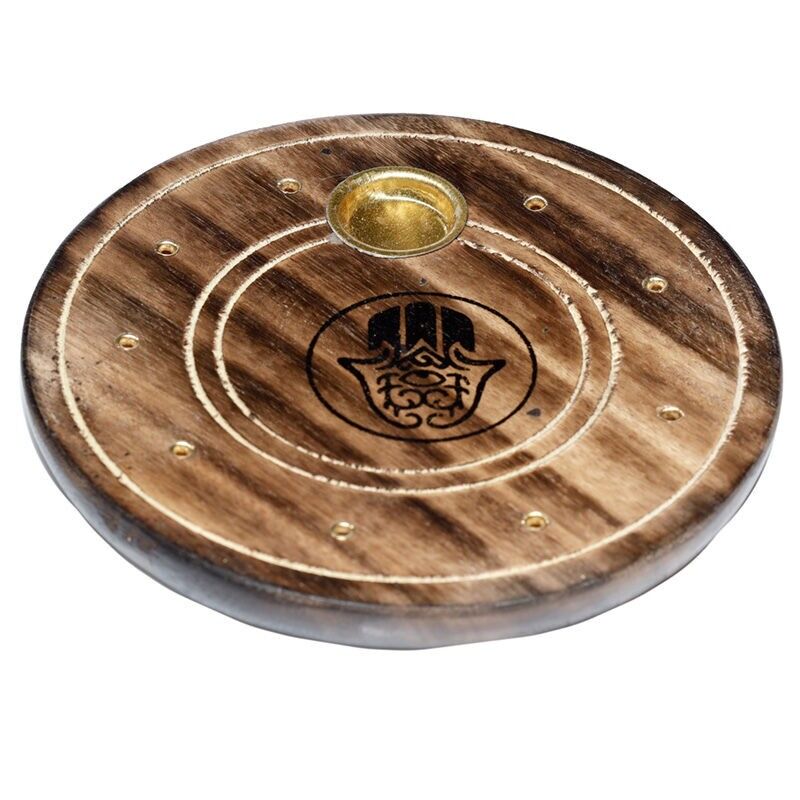 Bruciatore di incenso Hamsa Ashcatcher rotondo in legno di mango