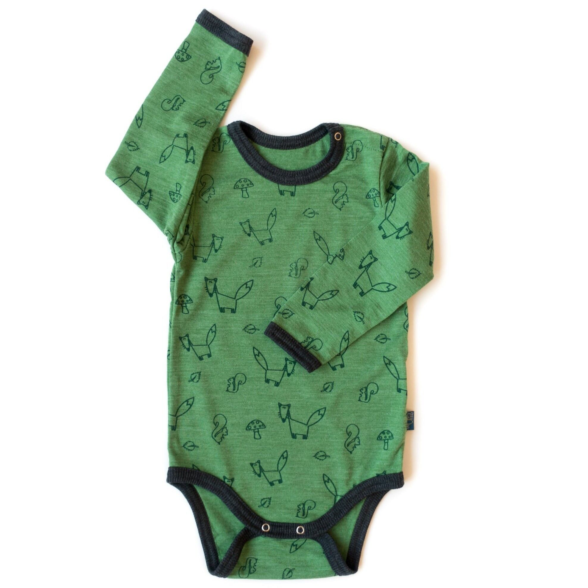 Body volpe verde foresta, lana merino e seta (biologico/GOTS)