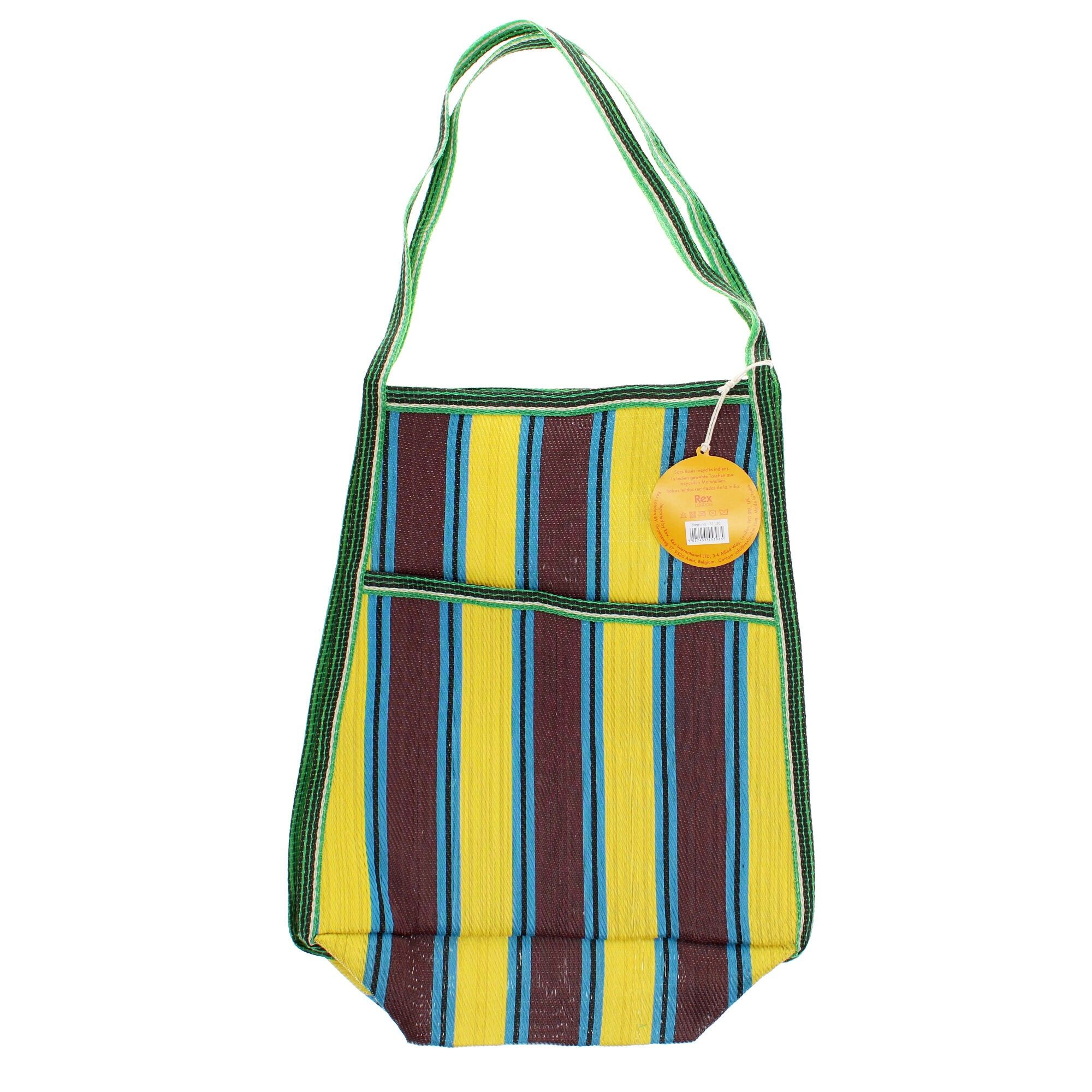 Borsa in tessuto riciclato con tasca laterale - Marrone, giallo, verde acqua