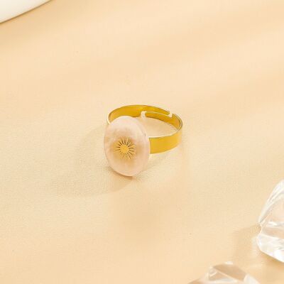 Anello regolabile in oro con pietra ovale in rodocrosite e motivo solare