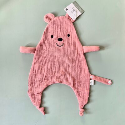 Doudou ours hydrophile avec cordon de fixation - Rose