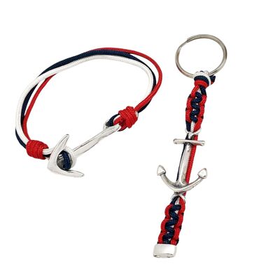 Ensemble bracelet et porte-clés Sailor Snake knot en paracorde rouge-bleu-blanc