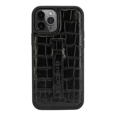 Étui en cuir pour iPhone 12/12 Pro avec boucle de doigt noire en relief croco
