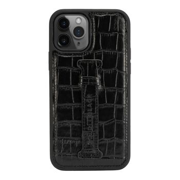Étui en cuir pour iPhone 12/12 Pro avec boucle de doigt noire en relief croco 1