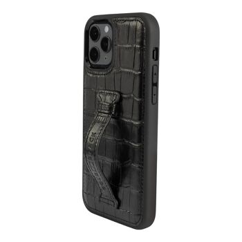 Étui en cuir pour iPhone 12/12 Pro avec boucle de doigt noire en relief croco 2