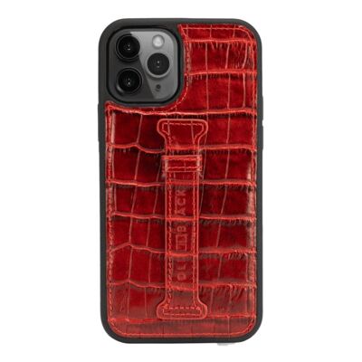 iPhone 12/12 Pro leather sleeve with croco embossing red finger loop