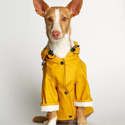 Chubasquero para perro de poliéster reciclado amarillo Sarah con agujero para arnés
