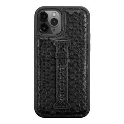 Étui en cuir pour iPhone 12/12 Pro avec boucle pour les doigts python noir profond