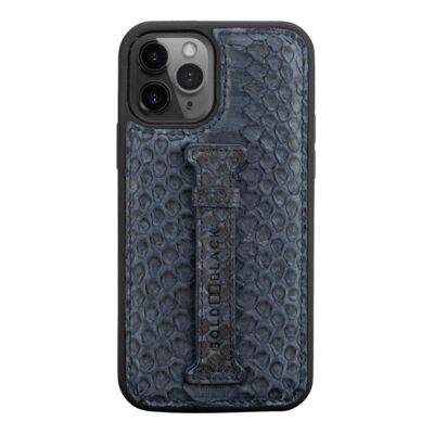 Etui cuir iPhone 12/12 Pro avec passant doigt python bleu marine