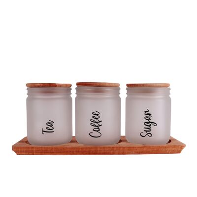 Juego de tarros con tapa de madera Herevin de 446 cc, con colores helados, té negro, café y azúcar impresos
