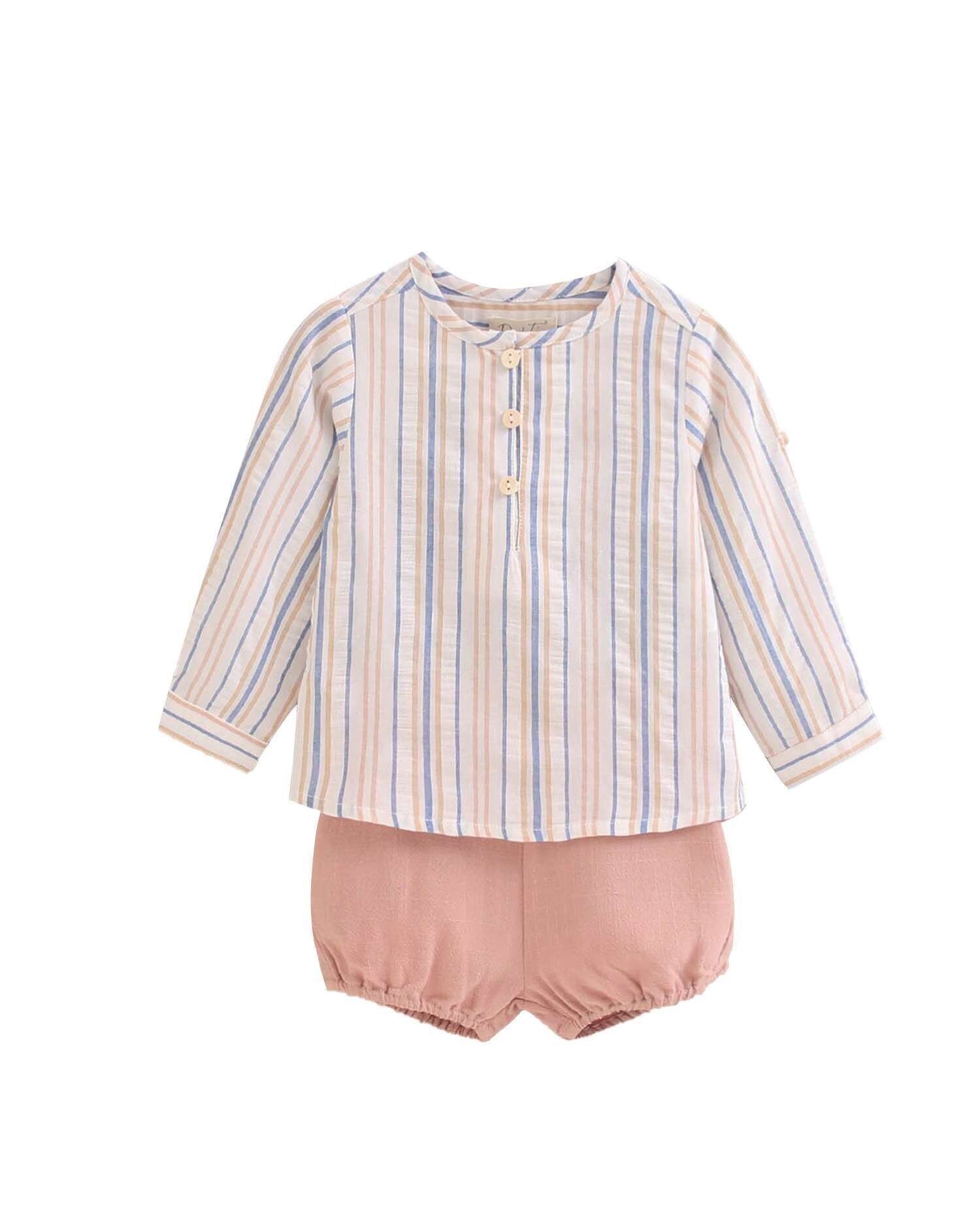 Completo neonato con maglietta a righe e pantaloncini corallo M26-21501554