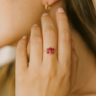 Anello a catena in oro – Fiore in perle naturali Tormalina rosa-Tormalina multicolore-Pietra del sole