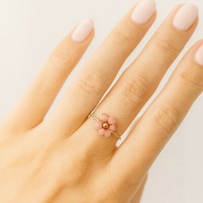 Anello a catena in oro – Fiore in perle naturali di lapislazzuli, morganite e rodonite
