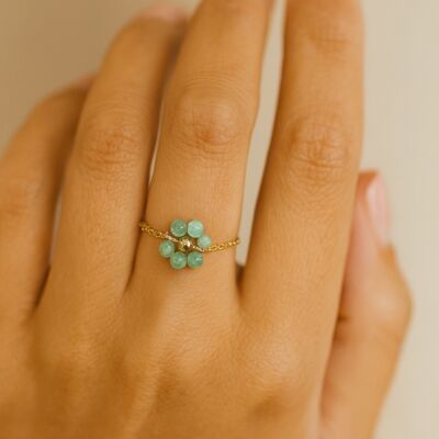 Anello a catena in oro – Fiore in perle naturali di zaffiro-crisoprasio-avventurina blu