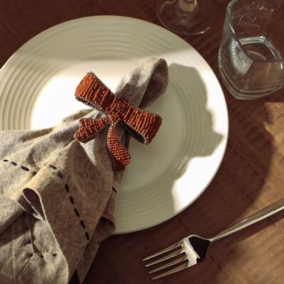 Set of 4 Beaded Bow Napkin Ring - Rust Orange