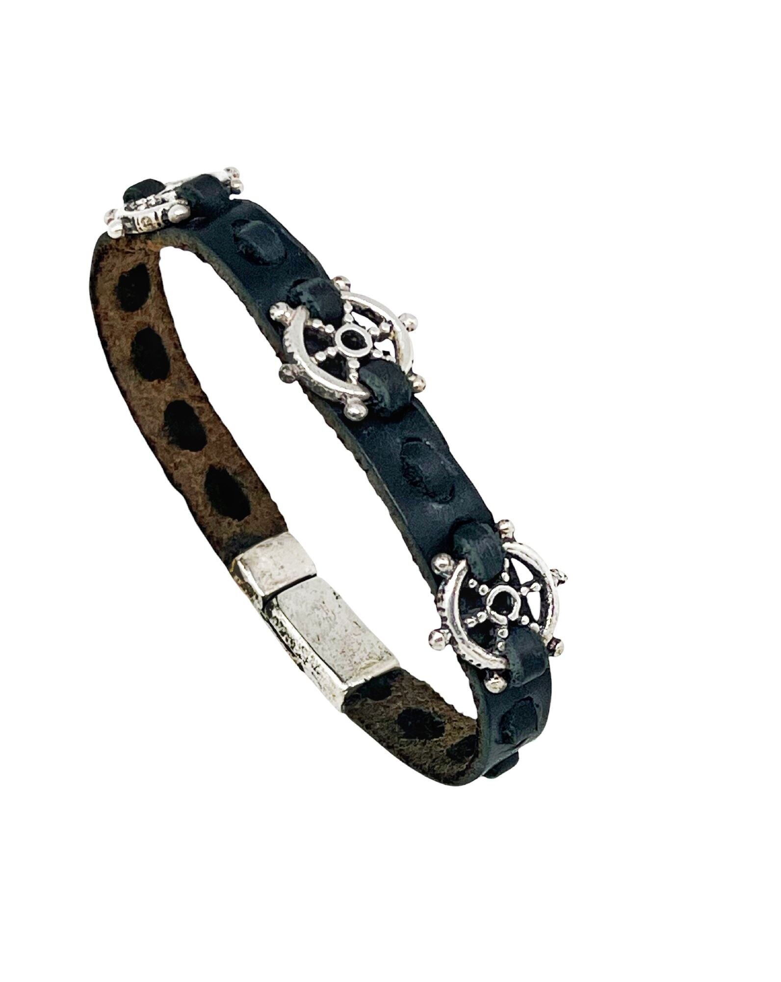 Bracciale Timon3 in pelle nera e placcato argento