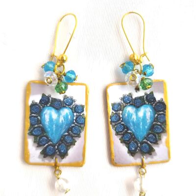 Beautiful wooden earrings with heart and roses in blue