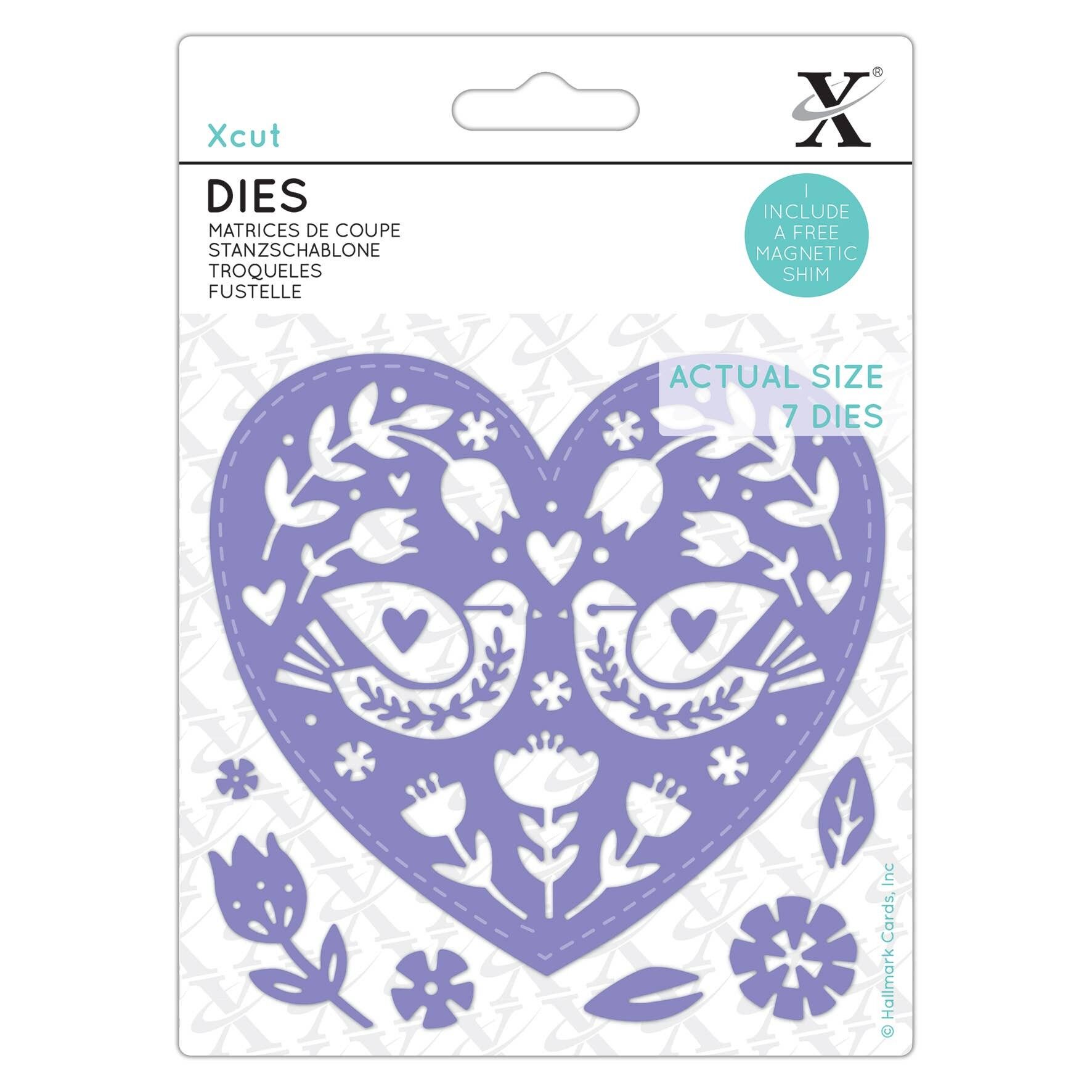 Xcut Dies, Folk Bird Hearts, 7 pezzi, acciaio al carbonio, arte e artigianato, forniture per utensili da taglio, per splendide decorazioni, creazione di biglietti, confezionamento di etichette regalo, scrapbooking, creazione di inviti, Crafters Companion