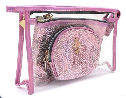 BAG200-018 Make Up Bag Shiny Pink-Transparant Set 3pcs 24x16x5cm