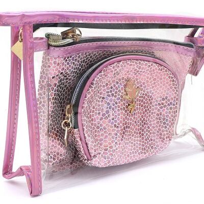 BAG200-018 Make Up Bag Shiny Pink-Transparant Set 3pcs 24x16x5cm
