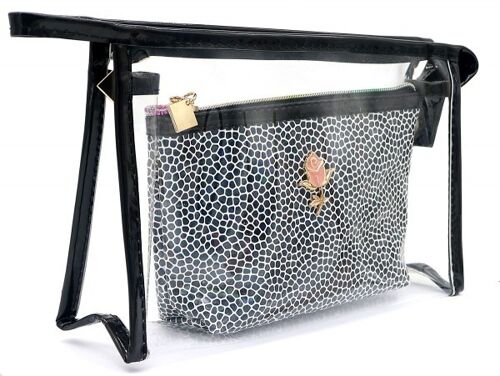BAG200-019 Make Up Bag Shiny Black-Transparant Set 24x16x5cm