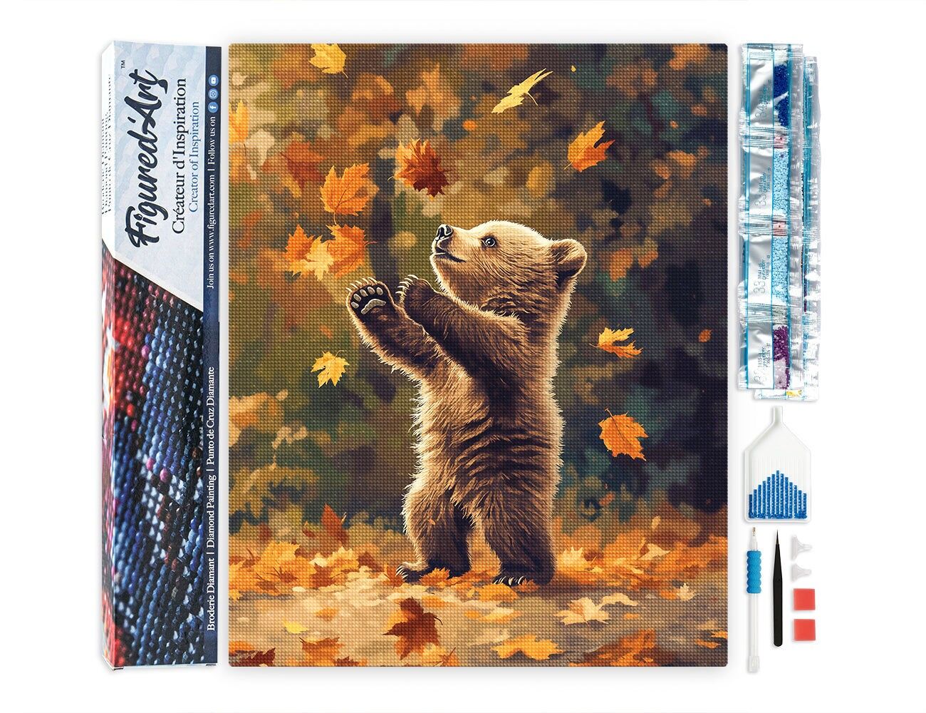 Ricamo a diamante - Orsetto e foglie cadenti