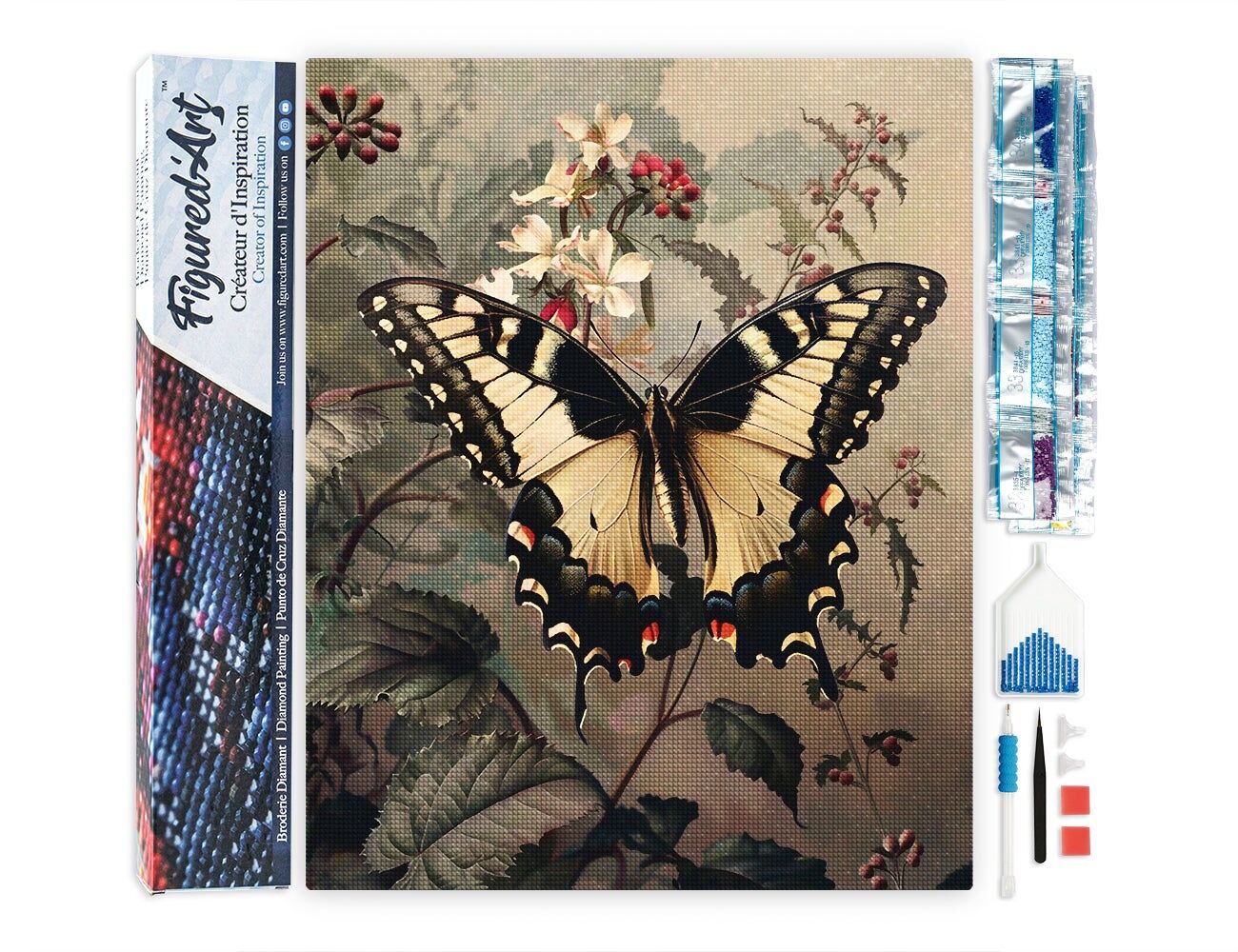 Ricamo a diamante - Coda di rondine e fiori bianchi