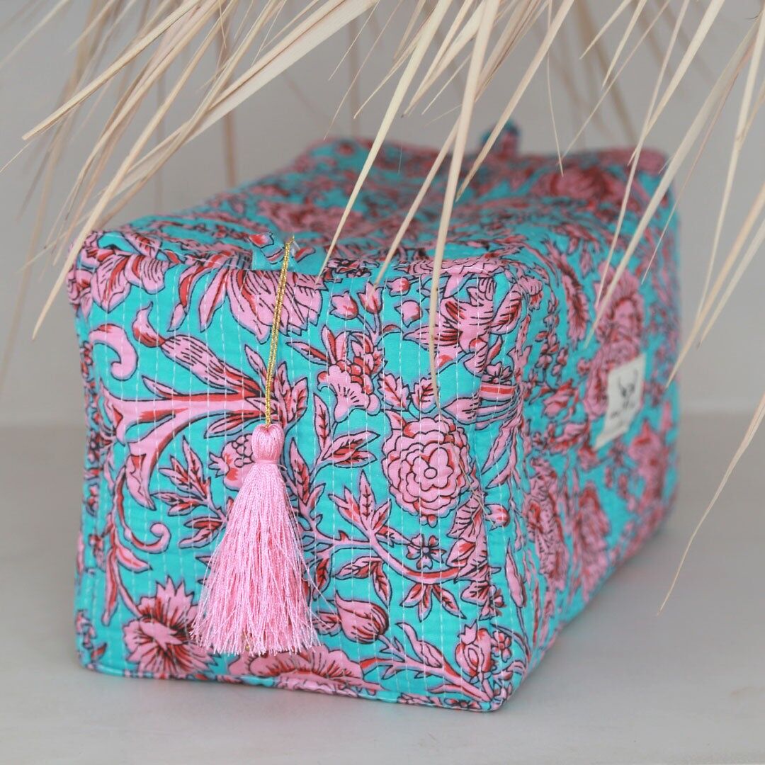 Trousse de toilette Blockprint Fez bleu rose fleur L