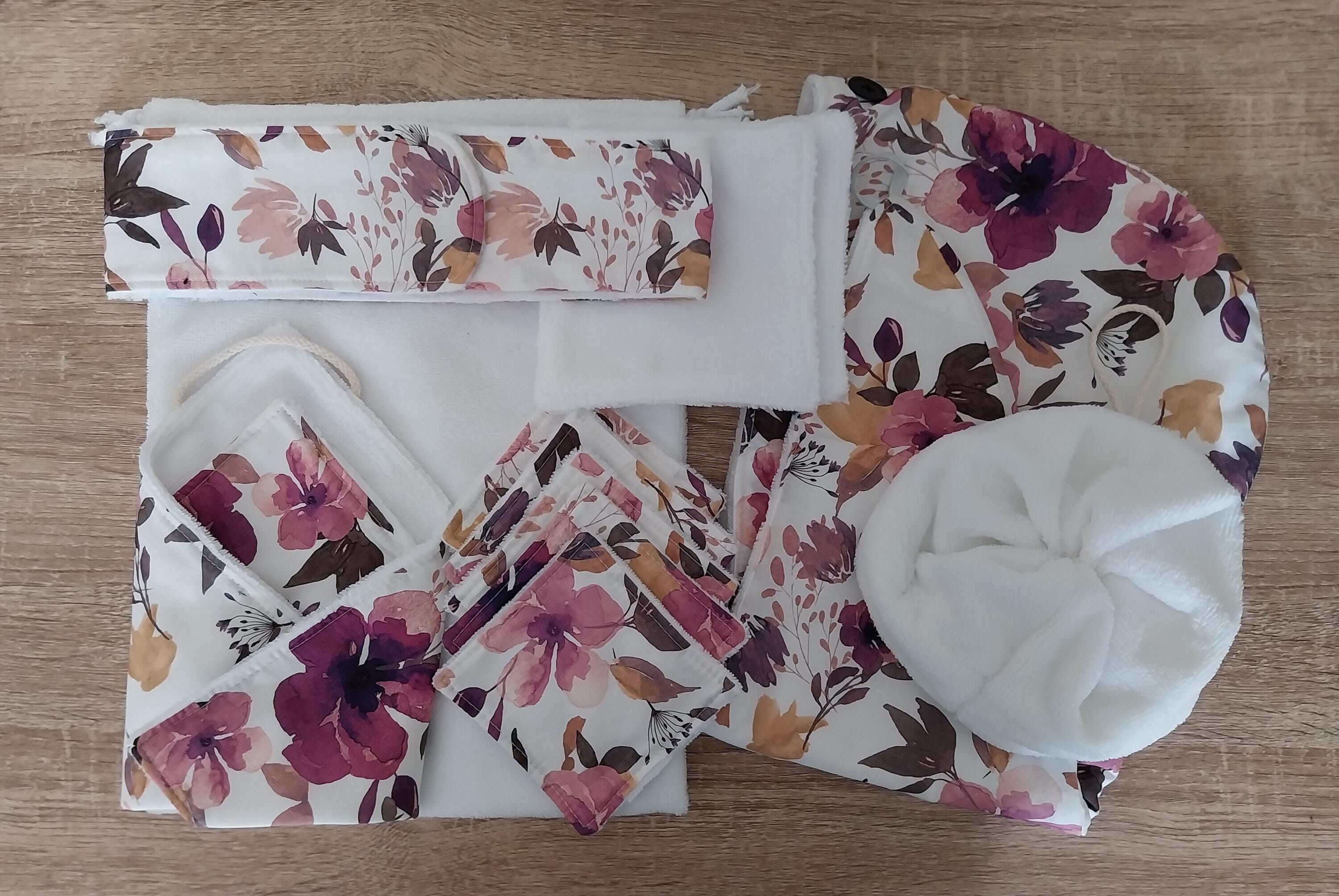 face and hair care set, floral print cotton, white bamboo sponge, gift idea