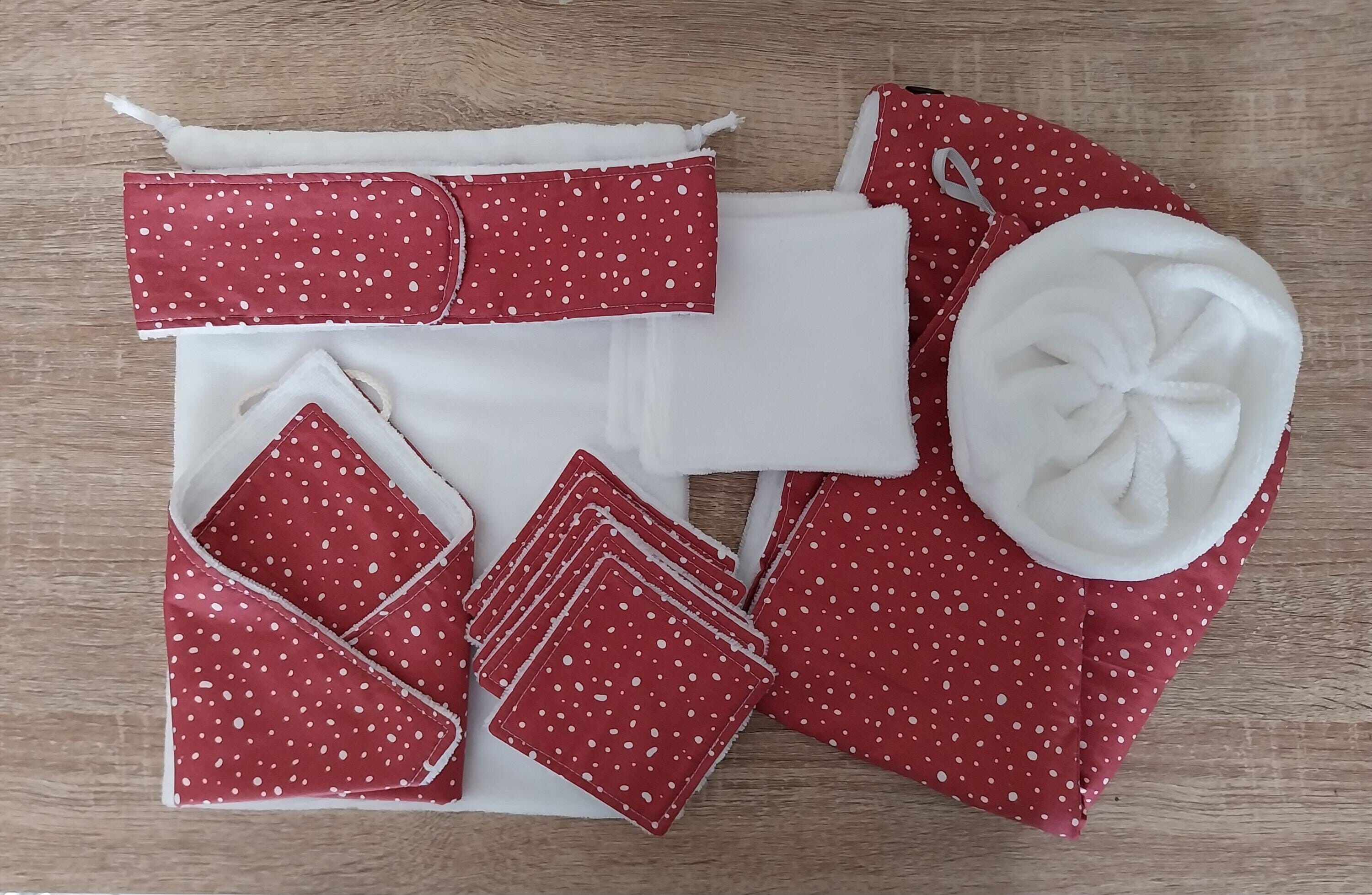 face and hair care set, burgundy printed cotton, white bamboo sponge, gift idea